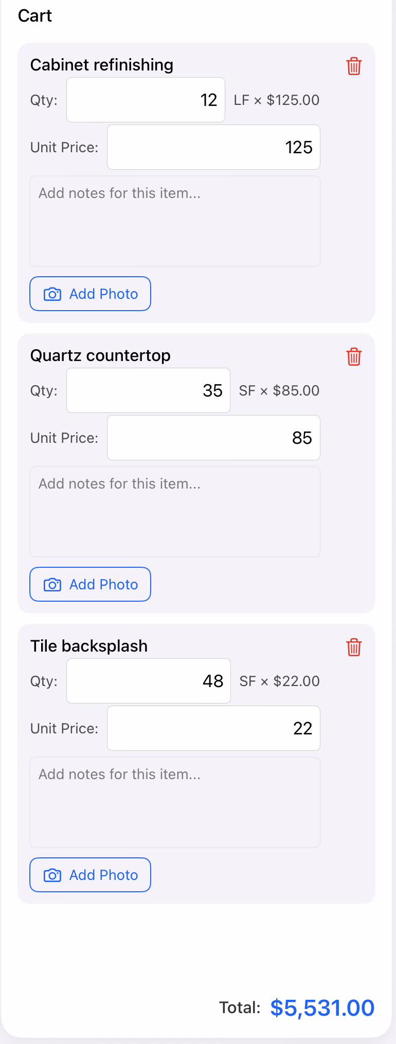 Actual demo estimate showing item quantities and an itemized cost breakdown