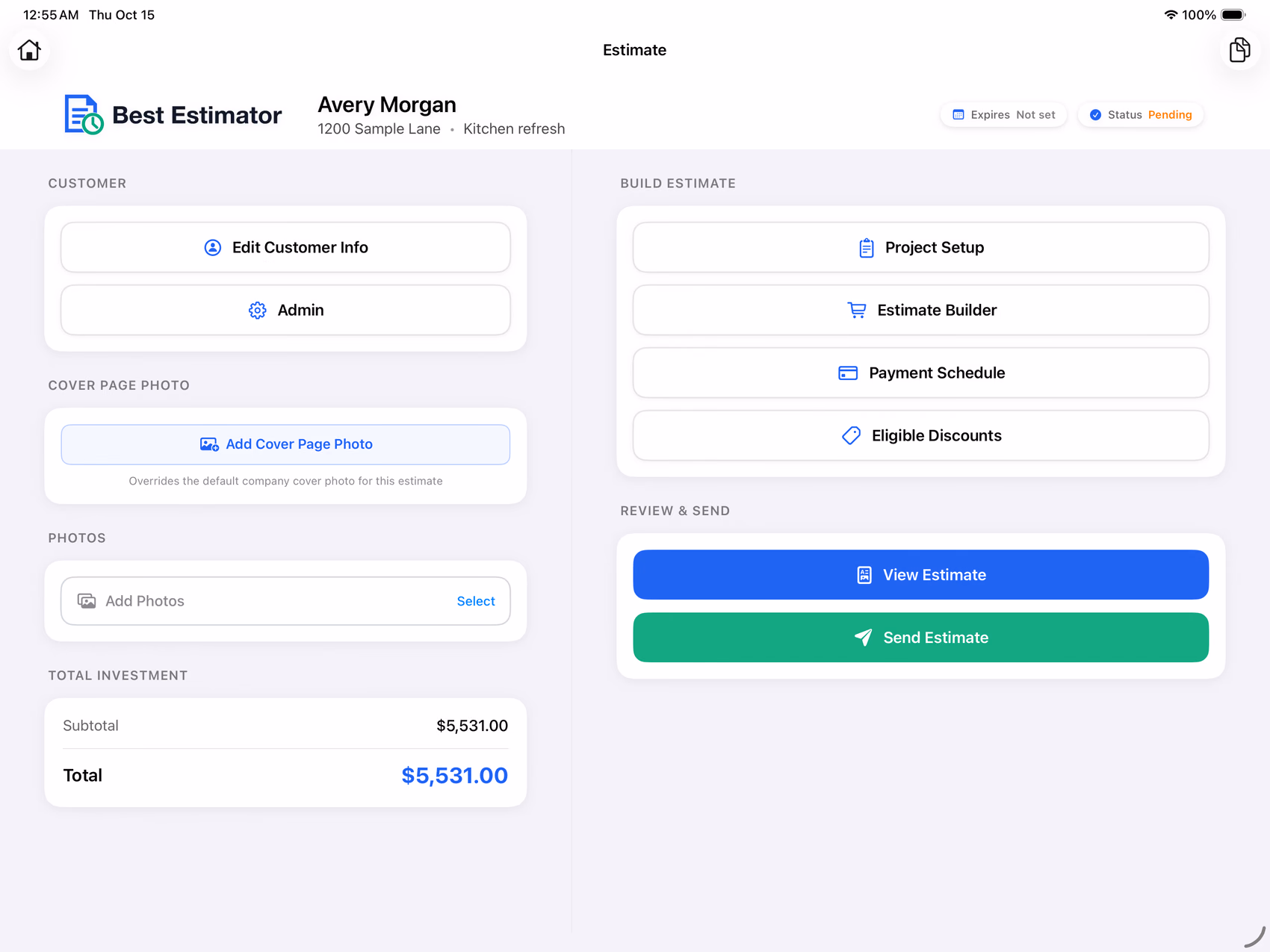 Best Estimator's iPad workspace with a fictional remodeling customer and saved project