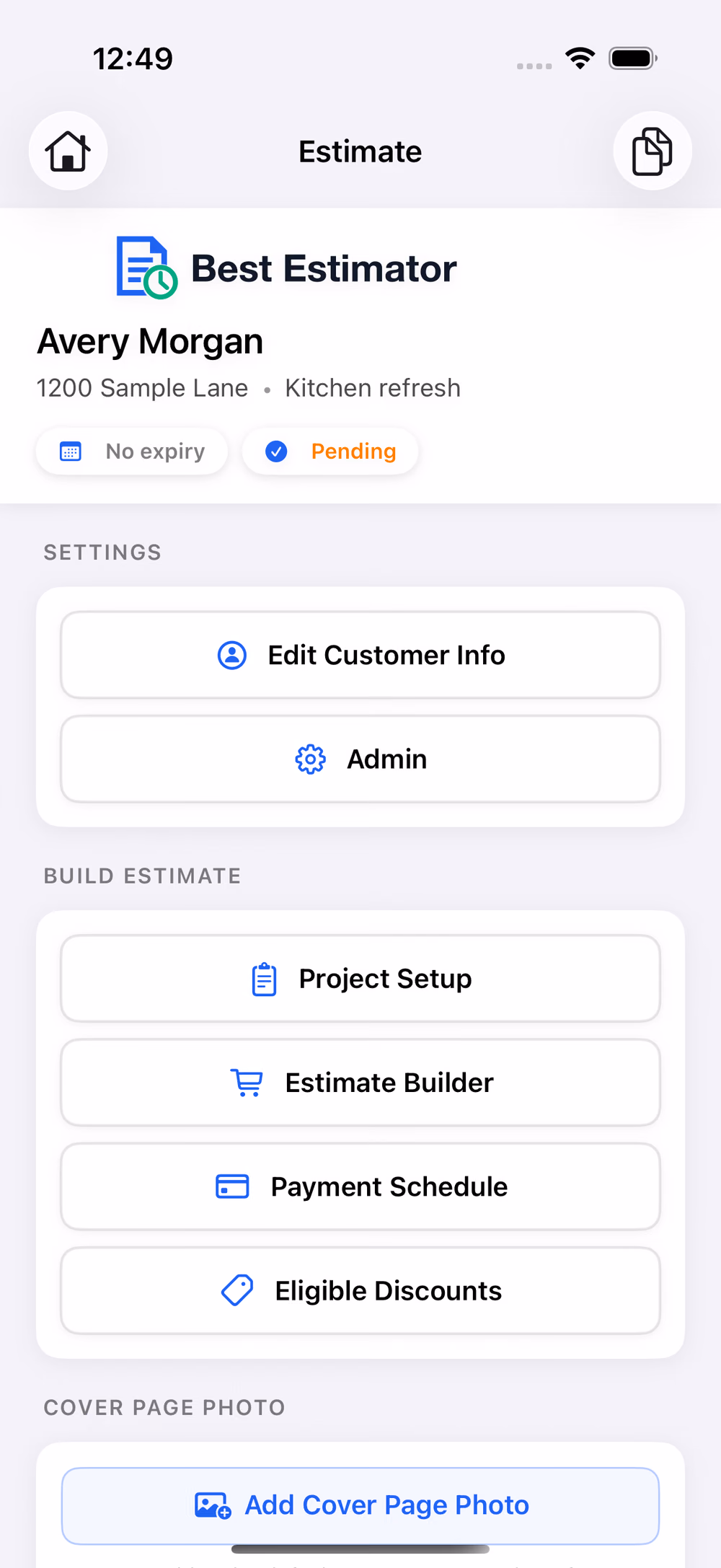 Actual Best Estimator iPhone demo connecting customer details, project setup, and estimating tools